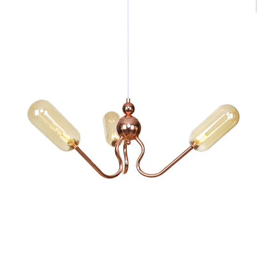 Industrial Copper 3-Light Chandelier with Clear/Amber Glass Globes, Dining Room Pendant Fixture