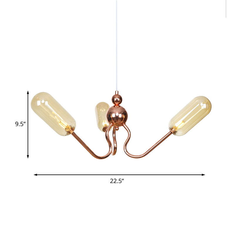 Industrial Copper 3-Light Chandelier with Clear/Amber Glass Globes, Dining Room Pendant Fixture