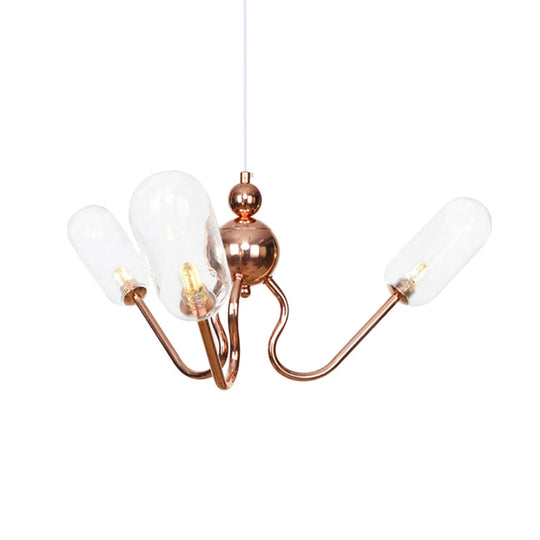 Copper Industrial Chandelier With 3 Clear/Amber Glass Lights For Dining Room Pendant