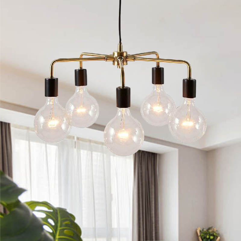 Gold Metallic Industrial Chandelier: Exposed Multi Light Fixture For Living Room Hanging