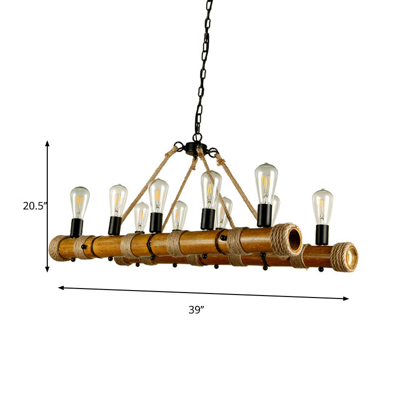 Bamboo Ten-Light Linear Pendant: Vintage Island-Style Beige Lighting For Living Room