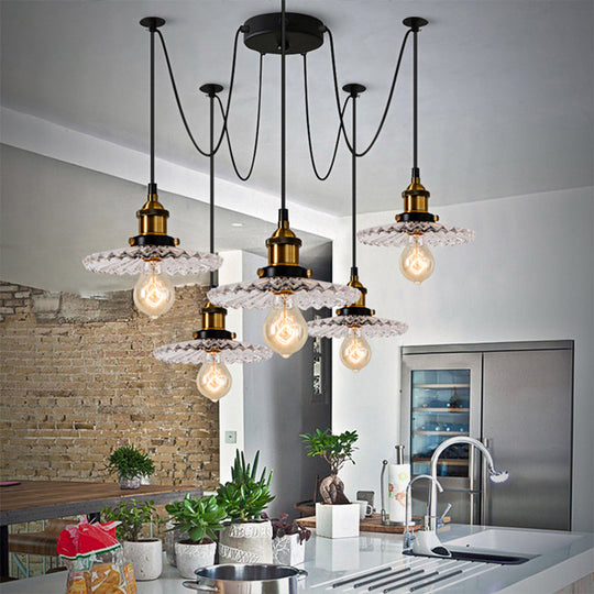 Monica - Vintage 3/5-Light Multi Pendant with Radial Wave Shade Ribbed Glass Vintage Dining Room Hanging Light Fixture