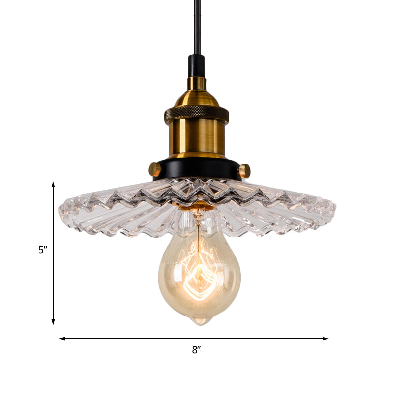 Brass Pendant Light Industrial Ribbed Glass Cone Lamp - Indoor Hanging