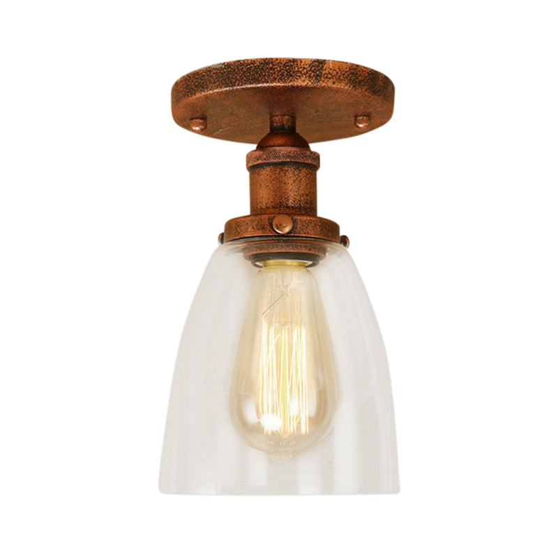 Semi Flush Mount Clear Glass Cone Industrial Ceiling Light Fixture with One Bulb in Silver/Brass/Rust