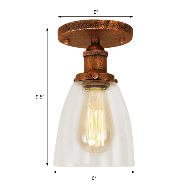 Semi Flush Mount Clear Glass Cone Industrial Ceiling Light Fixture with One Bulb in Silver/Brass/Rust