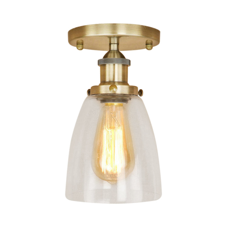 Semi Flush Mount Clear Glass Cone Industrial Ceiling Light Fixture with One Bulb in Silver/Brass/Rust