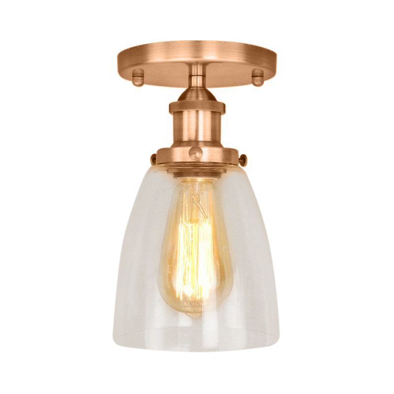 Semi Flush Mount Clear Glass Cone Industrial Ceiling Light Fixture with One Bulb in Silver/Brass/Rust