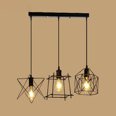 Vintage Black Iron Pendant Light with 3 Wire Frame Shades – Ideal for Coffee Shops