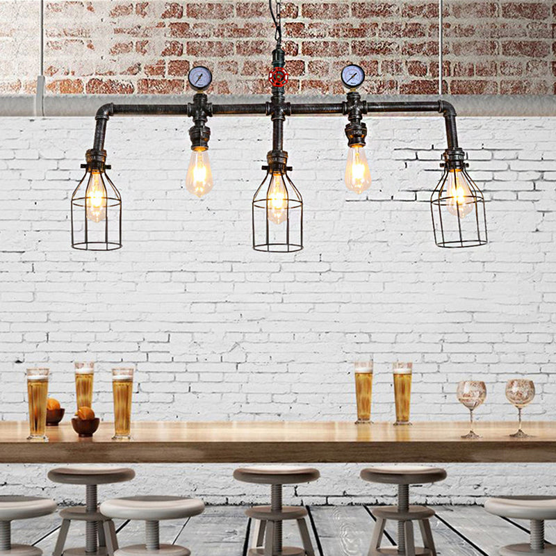 Industrial Silver Island Lighting With 5 Bulbs Metallic Caged Hanging Lamp Pipe And Pressure Gauge