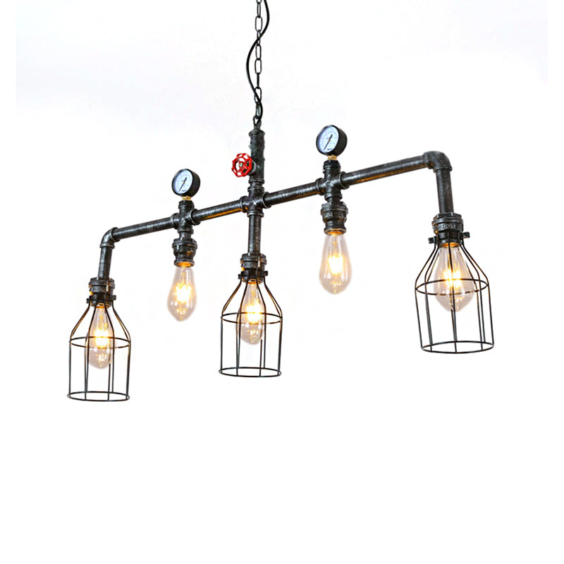 Industrial Silver Island Lighting With 5 Bulbs Metallic Caged Hanging Lamp Pipe And Pressure Gauge