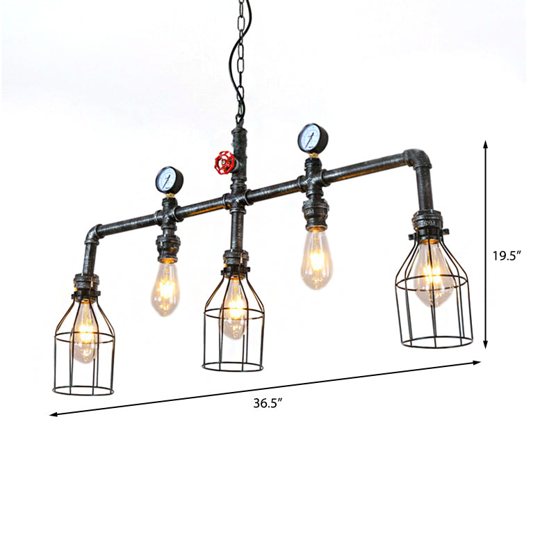 Industrial Silver Island Lighting With 5 Bulbs Metallic Caged Hanging Lamp Pipe And Pressure Gauge