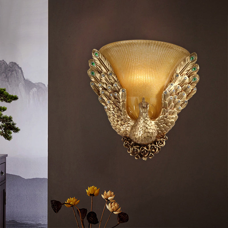 Amber Ribbed Glass 1-Head Gold Wall Sconce With Peacock Design - Bell Shape Lighting For Sitting