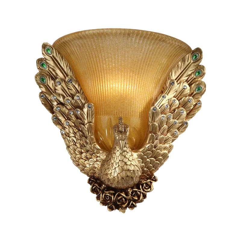 Amber Ribbed Glass 1-Head Gold Wall Sconce With Peacock Design - Bell Shape Lighting For Sitting