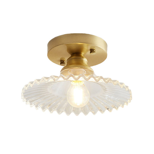 Semi-Flush Industrial Ceiling Mount: 1-Light Flared Clear/Green Ribbed Glass For Living Room