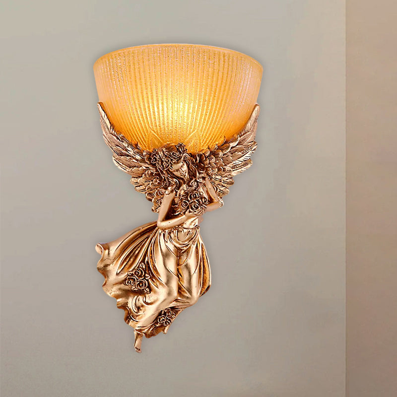 Gold Resin Wall Sconce With Amber Fluted Glass Shade Countryside Angel Design / Left