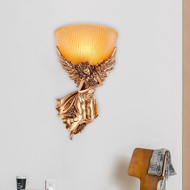 Gold Resin Wall Sconce With Amber Fluted Glass Shade Countryside Angel Design