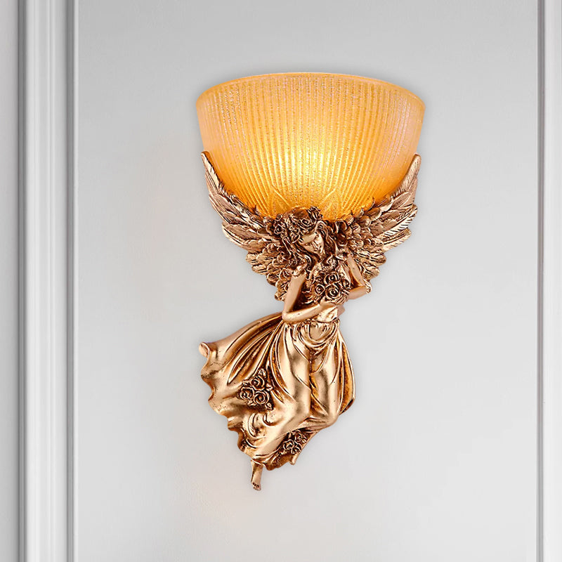 Gold Resin Wall Sconce With Amber Fluted Glass Shade Countryside Angel Design