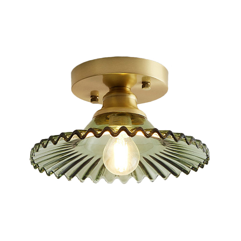 Semi-Flush Industrial Ceiling Mount: 1-Light Flared Clear/Green Ribbed Glass For Living Room