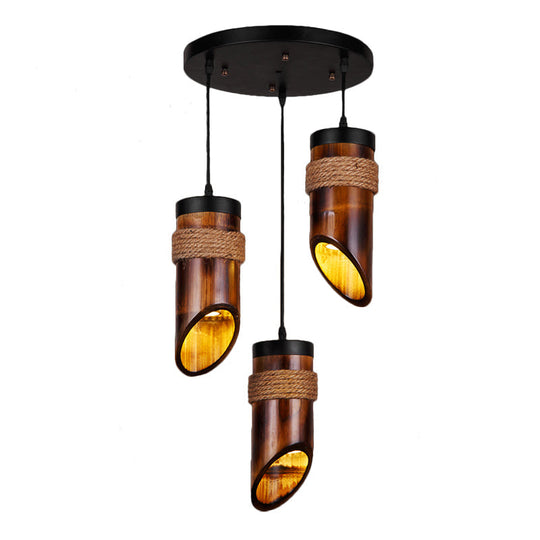 Retro Three-Light Bamboo Pendant Lamp In Brown Ideal For Dining Room