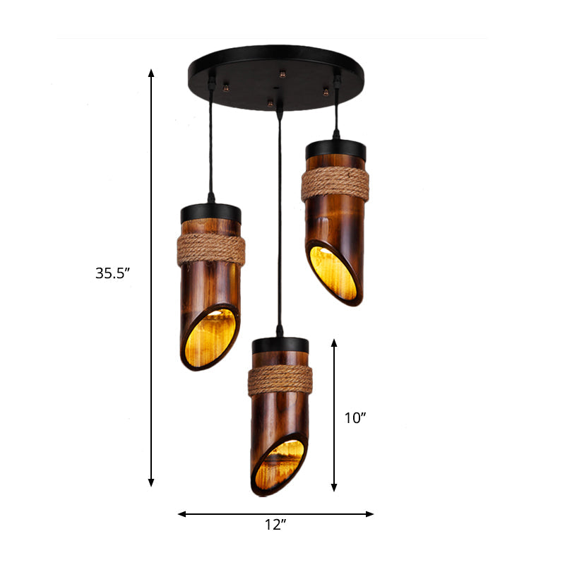 Retro Three-Light Bamboo Pendant Lamp In Brown Ideal For Dining Room