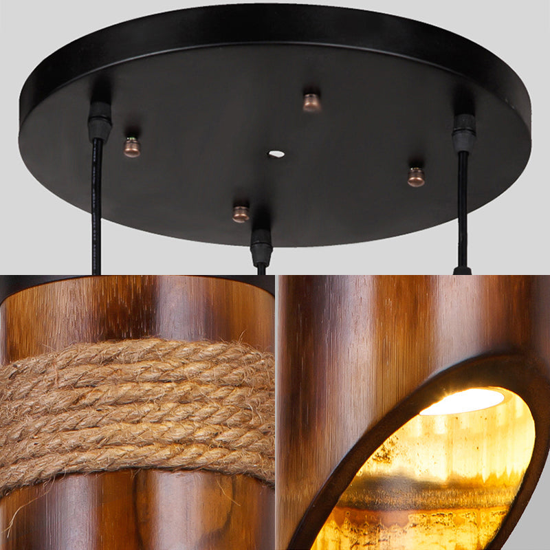 Retro Three-Light Bamboo Pendant Lamp In Brown Ideal For Dining Room