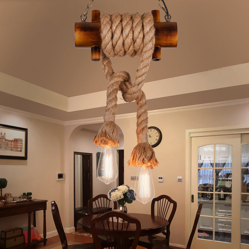 Vintage Brown Bamboo Hanging Light Fixture - Dual-Headed Bare Bulb With Hemp Rope For Living Room