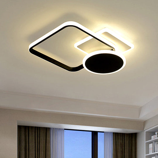 Contemporary Metal Led Parlor Ceiling Lamp - 19/23 W Square And Round Semi Flush Black Warm/White