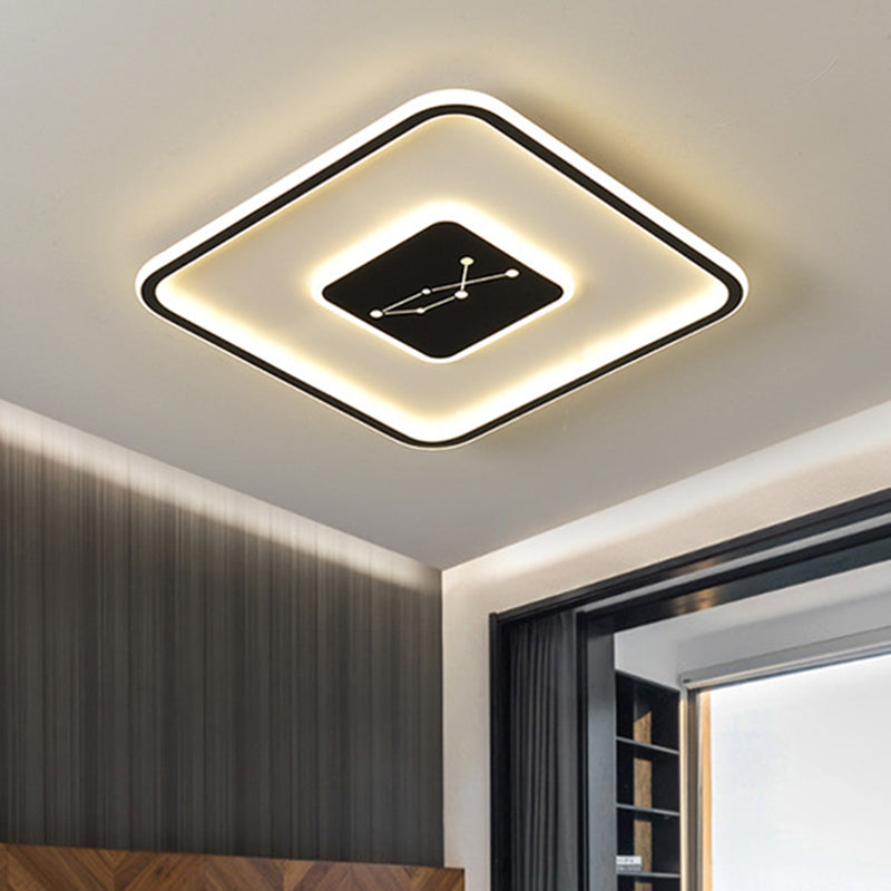 LED Bedroom Flush Mount Lighting - Minimalistic Black Ceiling Fixture with Squared Acrylic Shade and Multiple Light Modes