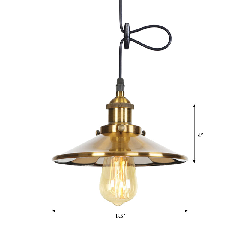 Mid Century Brass Finish Conic Pendant Light - Indoor Ceiling Lamp with Adjustable Cord