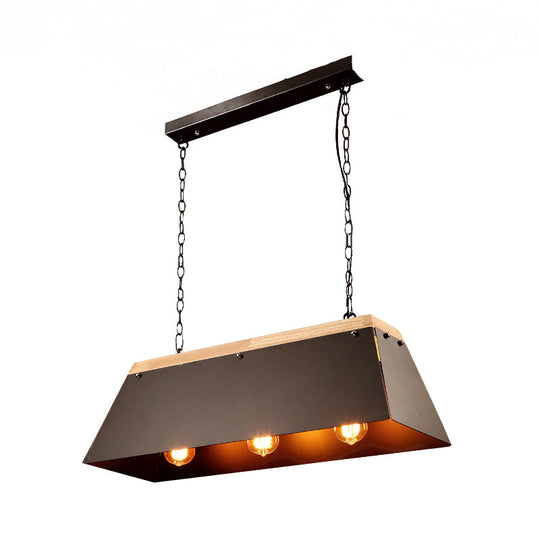 Industrial Metal And Wood Pendant Lamp - 3 Lights Island Lighting With Trapezoid Shade In Black For