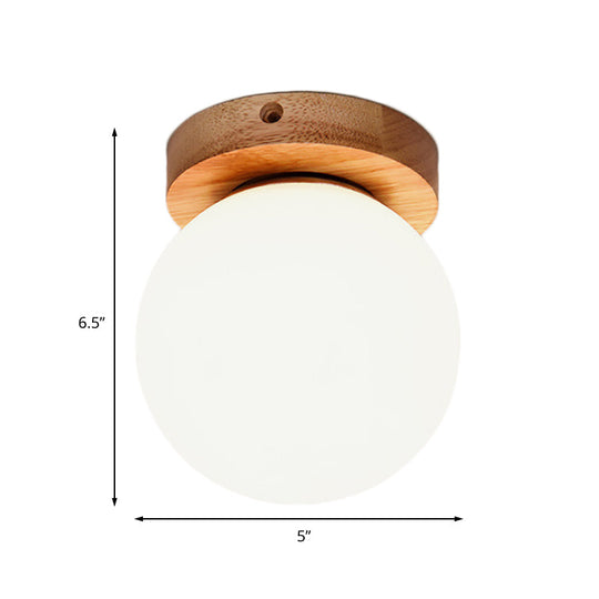 Nordic Wooden Glass Flush Mount Ceiling Light With Milky Globe Modern Lighting Fixture