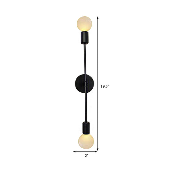 Modern Linear Metal Wall Sconce Light With Open Bulb - 2 Lights Loft Style Balcony Lamp Black