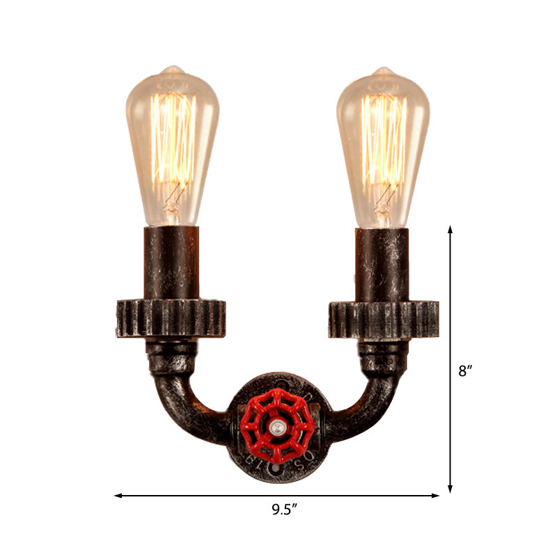 Vintage Industrial Wall Sconce Light - 2 Lights Iron Bulb Red Faucet Valve Dark Rust