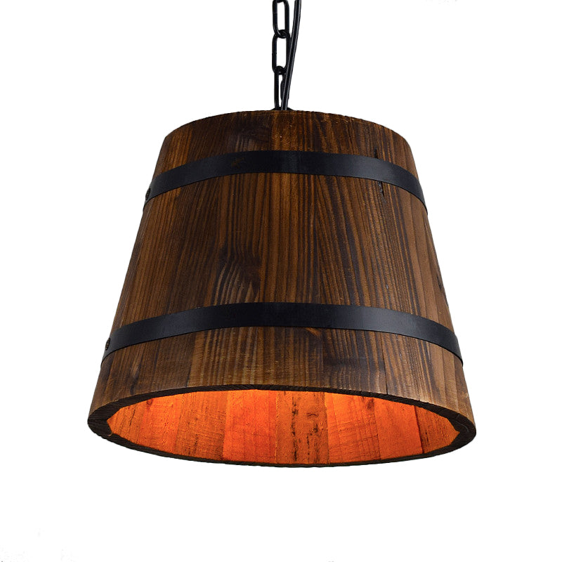 Retro Single Head Wood Bucket Hanging Light in Brown for Restaurants