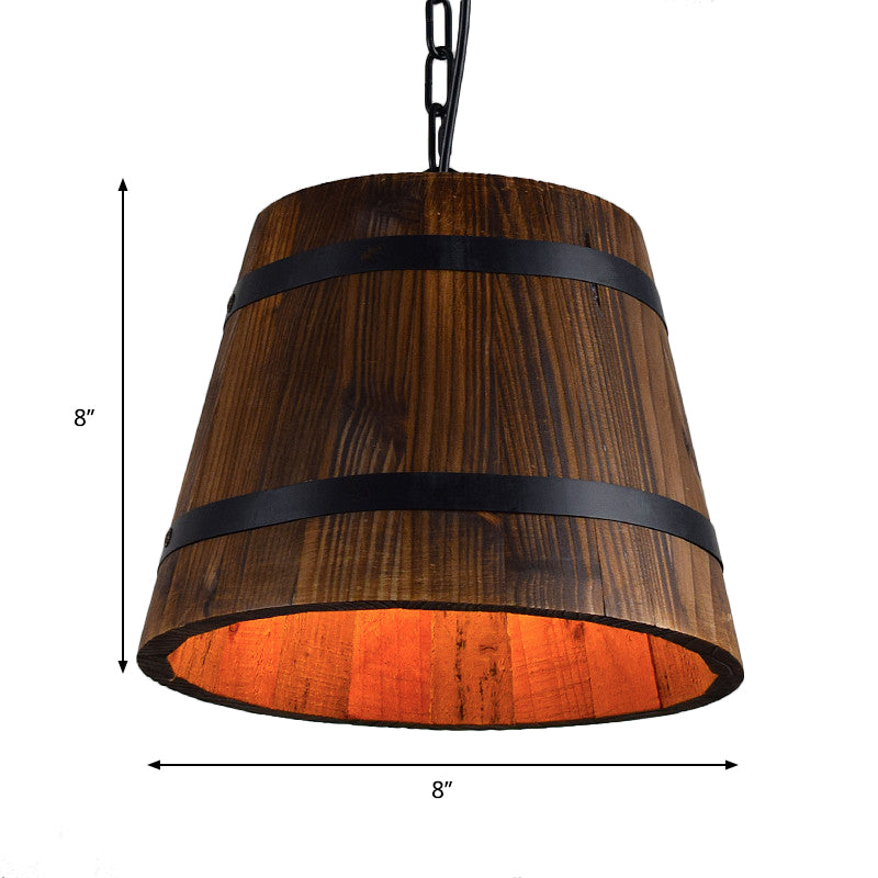 Retro Single Head Wood Bucket Hanging Light in Brown for Restaurants