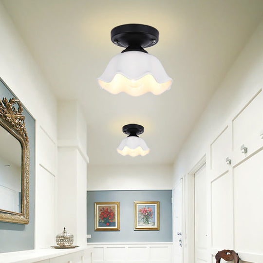 Sleek Black Scalloped Living Room Semi Flush Industrial Ceiling Light With Milky Glass White