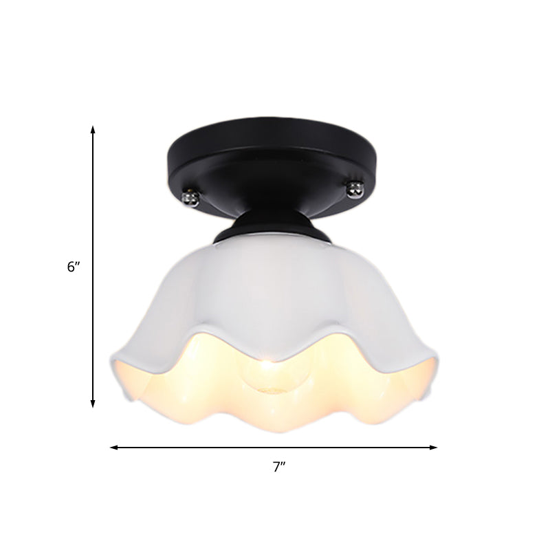 Milky Glass Industrial Living Room Light Fixture - Scalloped Semi Flush, Black Finish +