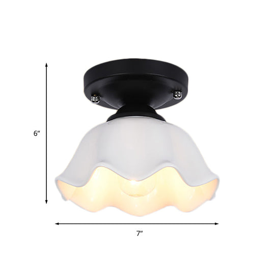 Milky Glass Industrial Living Room Light Fixture - Scalloped Semi Flush, Black Finish +