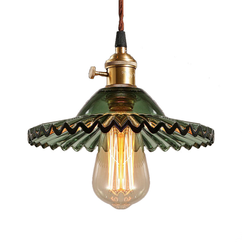 Green Scalloped Glass Pendant Light - Industrial Dining Room Hanging Lamp