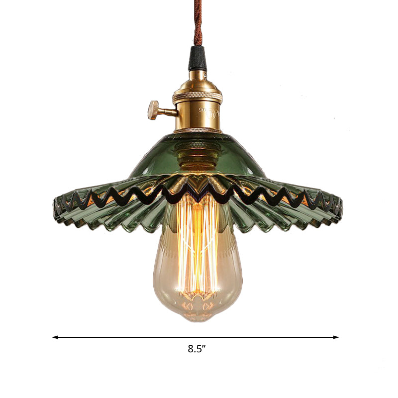 Green Scalloped Glass Pendant Light - Industrial Dining Room Hanging Lamp