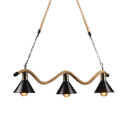 Black Metal & Rope Pendant Light - Farmhouse Style With Wavy Conic Design 3/5 Bulbs