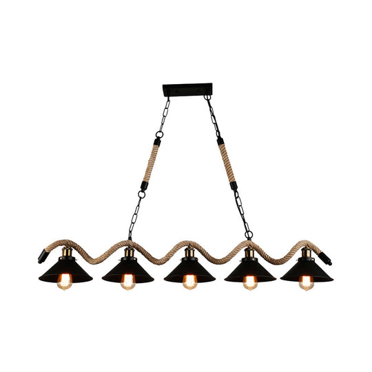 Black Metal & Rope Pendant Light - Farmhouse Style With Wavy Conic Design 3/5 Bulbs