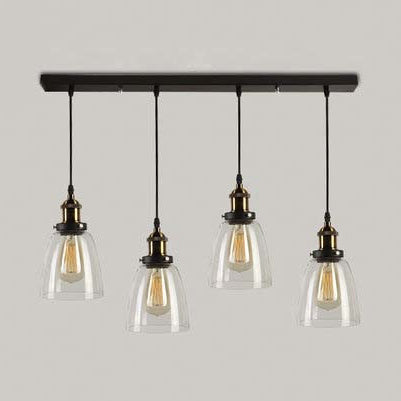 Vintage Clear Glass Multi Pendant Dining Table Light Fixture - Aged Brass Bucket Shade 3/4/5-Light