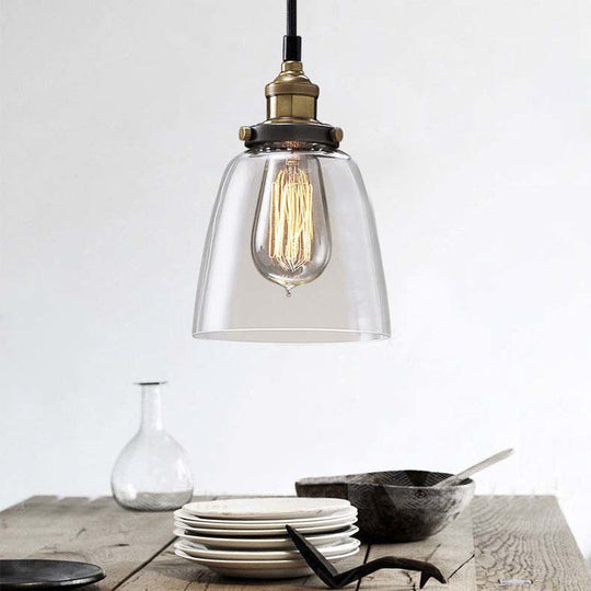 Vintage Clear Glass Multi Pendant Dining Table Light Fixture - Aged Brass Bucket Shade 3/4/5-Light