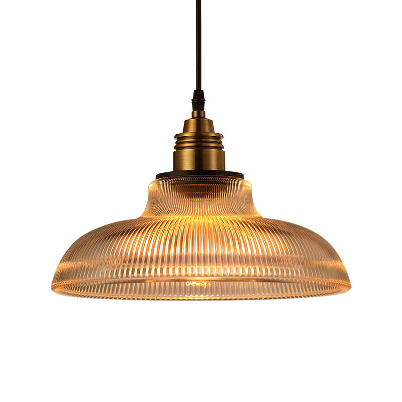 Farmhouse Style Brass Dome Pendant Light with Ribbed Glass Shade for Living Room Ceiling