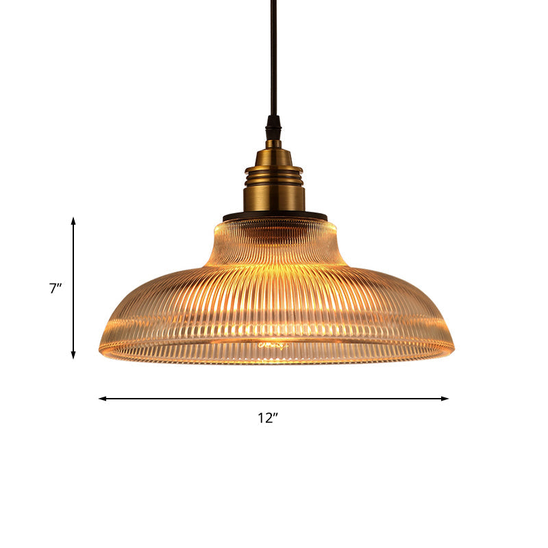 Farmhouse Style Brass Dome Pendant Light with Ribbed Glass Shade for Living Room Ceiling