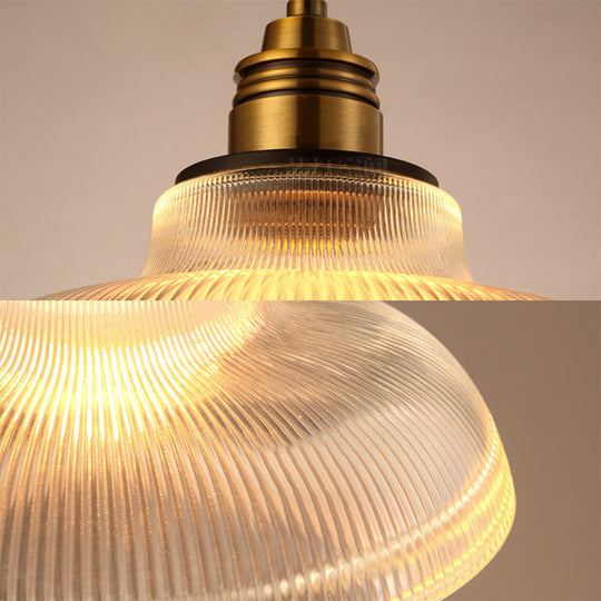 Farmhouse Style Brass Dome Pendant Light with Ribbed Glass Shade for Living Room Ceiling