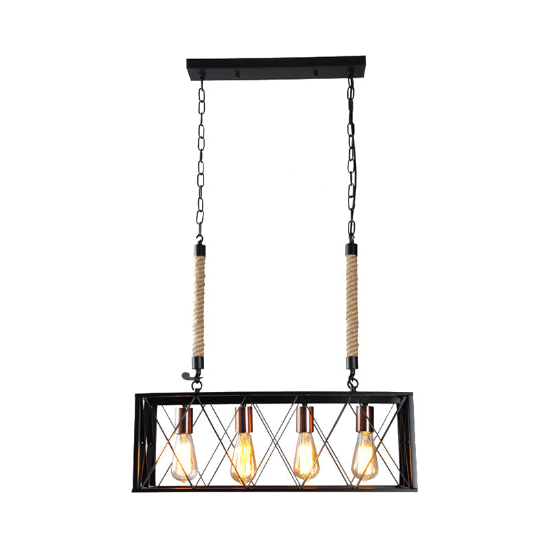 X-Cage Shade Vintage Industrial Linear Metal Island Pendant Light With 4 Bulbs In Black - Ideal For