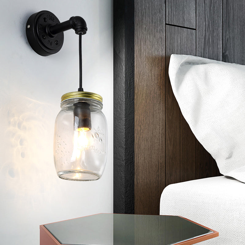 Clear Glass Black Wall Sconce With Industrial Lighting Jar Shade - 1-Light Fixture For Corridor