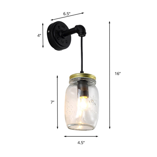 Clear Glass Black Wall Sconce With Industrial Lighting Jar Shade - 1-Light Fixture For Corridor